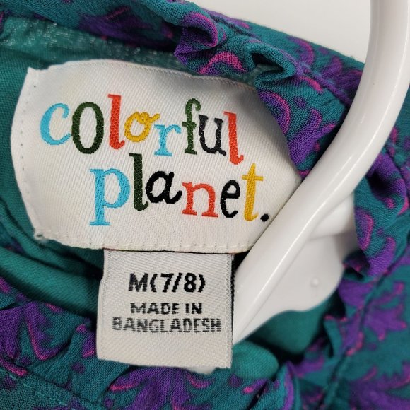 Colorful Planet Girls Green Dress Purple Fleur de Lis Peasan M 7/8 - Picture 3 of 12